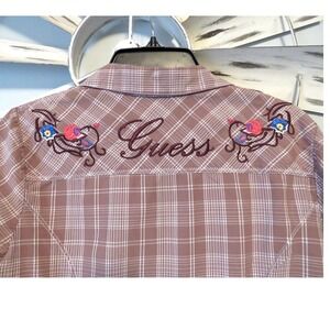 GUESS Plaid Western Button-Up Blouse Embroidered Logo Back Floral Y2K Large